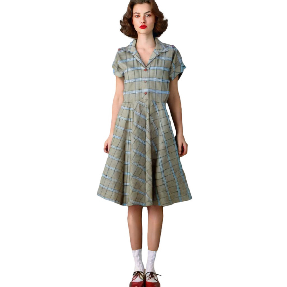 VINTAGE 1950s Plaid Midi Buttoned A-Line Dress, Fitted w/ Full Flared Skirt L